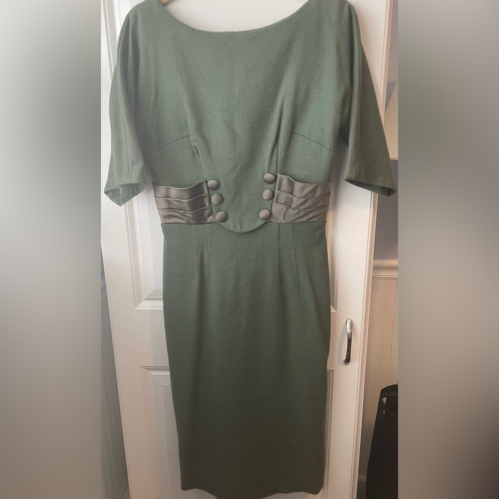 Vintage 1950s Sage Green Wiggle Dress Satin Waist ILGWU Union Mad Men Style